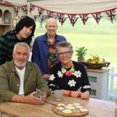 Great British Bake Off presenters and judges in cake corner (L to R (back) Noel Fielding, Matt Lucas (front) Paul Hollywood, Prue Leith.