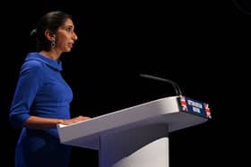 Britain’s Home Secretary Suella Braverman addresses delegates on the third day of the annual Conservative Party Conference. Credit: Getty Images