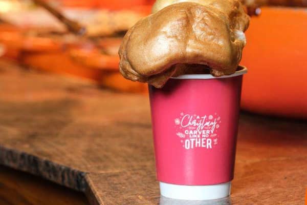 The Carvery Mock-a is a cup of gravy, served in a traditional red festive cup