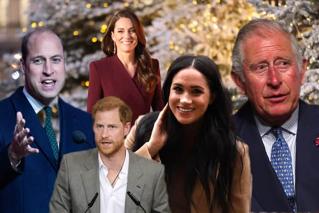 Composite image featuring Prince Harry with his wife Meghan Markle, King Charles, Prince William and Kate, Princess of Wales. Picture: National World graphics team