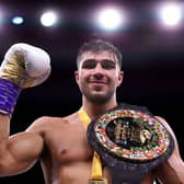 Tommy Fury poses for a photo with their Title Belt after defeating Jake Paul during the Cruiserweight Title fight between Jake Paul and Tommy Fury at the Diriyah Arena on February 26, 2023 in Riyadh, Saudi Arabia. (Photo by Francois Nel/Getty Images)