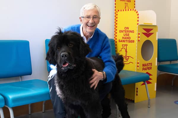 Paul O'Grady at Battersea Cats and Dogs Home with Peggy a Newfoundland dog (Credit: ITV/Multistory Media)