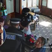 CCTV footage shows police storming a couple's Essex pub and seizing their golliwog dolls, saying the toys were a suspected hate crime (Photos: SWNS)