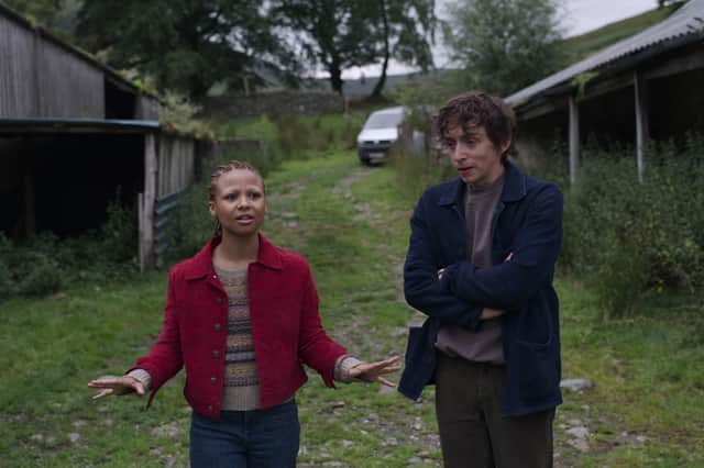 Myha'la Herrold as Pia and Samuel Blenkin as Davis in Black Mirror Season 6 episode 2 'Loch Henry', stood outside with their van in the distance behind them (Credit: Nick Wall/Netflix) 