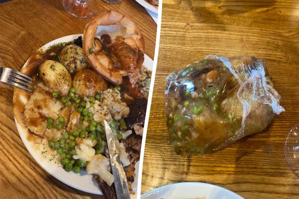 A woman left horrified after her Sunday dinner leftovers are wrapped up in clingfilm at Toby Carvery