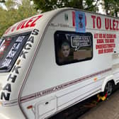 This caravan covered in ULEZ protest slogans was chained outside Sadiq Khan’s house in Tooting, London.