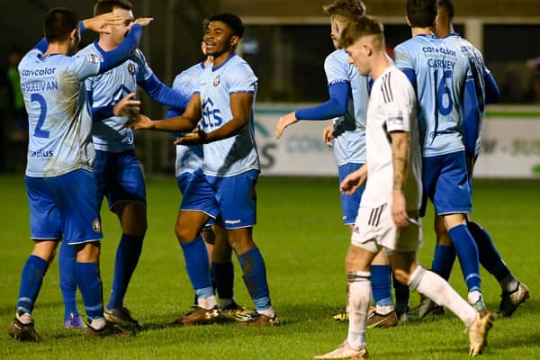 Warrenpoint players celebrate Jeff Nwodo's second half goal against Rathfriland Rangers at Milltown Pictures: Brendan Monaghan RS2344400