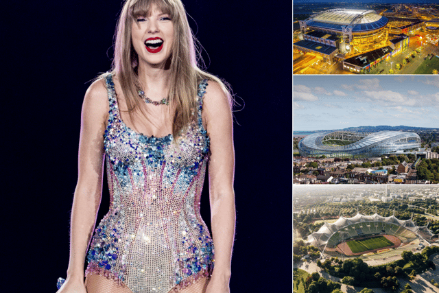 It could be cheaper to see Taylor Swift (left) in locations such as Amsterdam (top right), Dublin (middle right) but not so much for Munich (bottom right) (Credit: Getty Images)