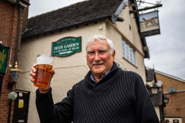 Rob Cocker, from Stoke-on-trent, outside his local pub Manor Court Ale House enjoying a pint of beer to add to his list. So far he has visited over 12,000 pubs in 55 years. Photo: William Lailey / SWNS