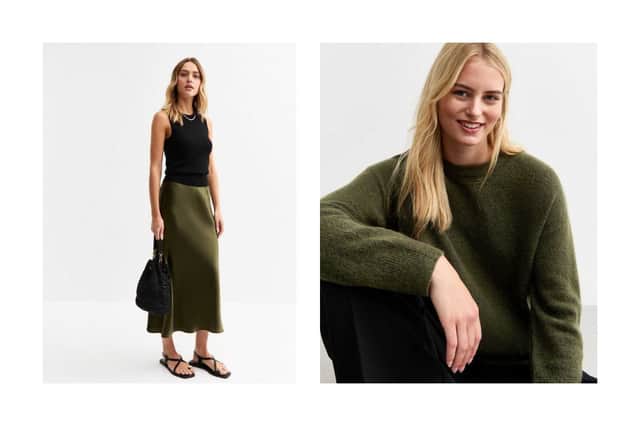New Look Khaki Textured Satin Midi Slip Skirt £25.99 is a much more affordable option. Paired with the Khaki Side Slit Jumper £8.00 a