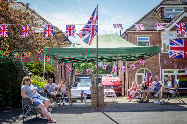 A socially distanced VE Day street party on Woodfield Avenue, Farlington, Portsmouth, on May 8, 2020, during the Covid pandemic