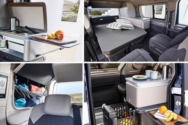 Interior features include a kitchenette, a double bed, and lots of storage