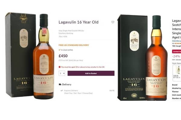 Two identical 16-year-old Lagavulin bottles, two different prices - so what is the twist? 
