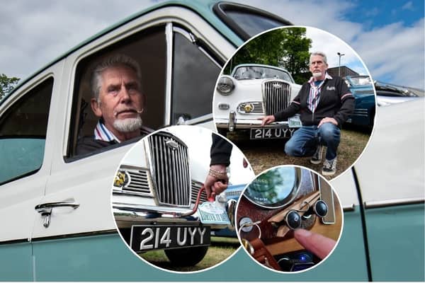 Dennis Jackson from Preston in his 1958 Wolesley classic car. Inset: Demonstrating how he uses a 'crank handle' to start the engine, and places a clothes peg on the choke button. All photos credit Lucinda Herbert