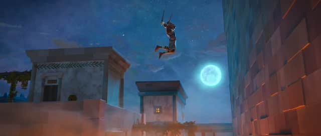 Memnon (Larry Herron) jumping to scale the walls of Troy in Eyes of Wakanda