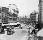 Castle Place, Belfast with horse-drawn trams and hackney cabs, in 1875
