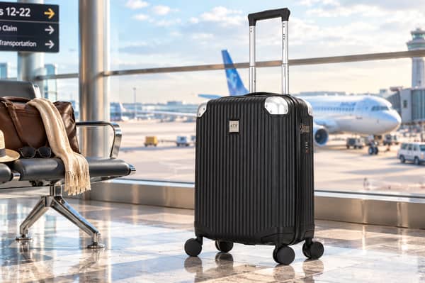The ATX Luggage 21-inch hard-shell cabin suitcase has a 33-litre capacity, four dual spinner wheels and a built-in three-digit lock.