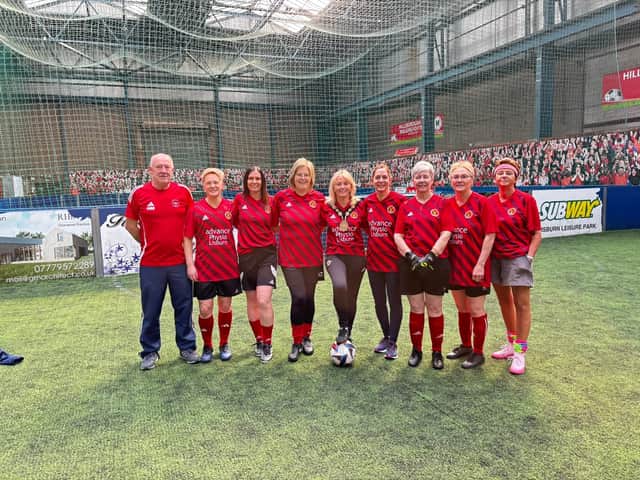 Newly formed women's walking football team with Lisburn and Castlereagh Mayor Alderman Amanda Grehan