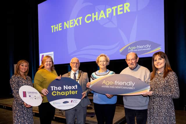 (L-R) Carrie Currie (ANBC), Hilary Karakoc (Accredited Certified EFT Practitioner), Mayor, Councillor Henry Cushinan, Newtownabbey's own "Spidergran", Jill Aspinall, Derek Robinson (Antrim and Newtownabbey Seniors' Forum) and Kelly Doyle (ANBC)