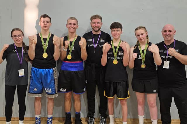 Boxers: Preston Creighton, Cruz Blair, Zack Reynolds and paige McCollum with trainers Skye-Leigh, Iain Mahood and Arvy Blair