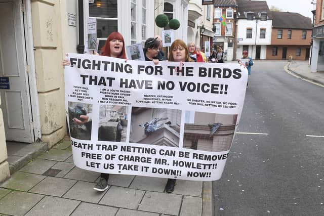 Protest against the bird netting at Louth Town Hall.