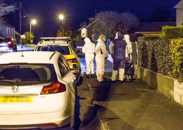 Police at the scene of the incident at Rockfield Gardens in Mosside, County Antrim on November 8, 2019. Pic Steven McAuley/McAuley Multimedia