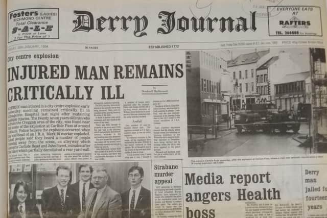 Image of Derry Journal, Friday edition, January 28, 1994, of the bomb blast caused by IRA bomber Tony Taylor in Londonderry