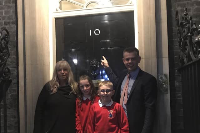 Ballysally PS staff and pupils outside No10 Downing Street