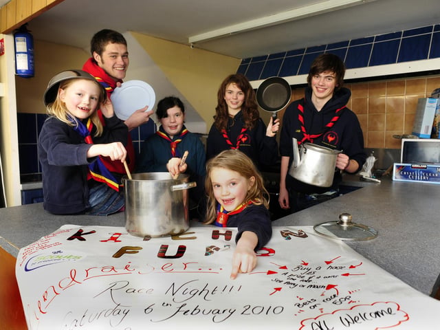 Beaver Scouts Milly, left, and Maisy McGeown, centre, with David Mort, back left, Beth Goodall, Hannah and Liam Thraves, are fundraising for a new kitchen at their Maple Drive Scout HQ.