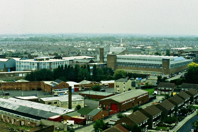 Captured from St. Walburge's Steeple, this image taken in 1993 mainly shows the elevated view of the Goss' factory complex, but many other Preston landmarks can be seen. Another image taken nowadays of the same area would be unrecognisable though