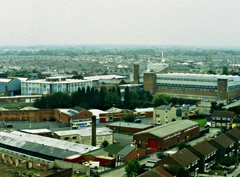 Captured from St. Walburge's Steeple, this image taken in 1993 mainly shows the elevated view of the Goss' factory complex, but many other Preston landmarks can be seen. Another image taken nowadays of the same area would be unrecognisable though