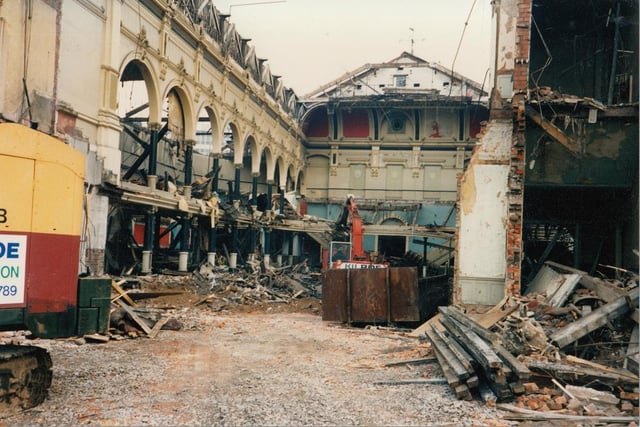 Demolition work inside the Public Hall in 1990, to make way for an extension of the Ring Way to incorporate the Penwortham Bypass. Image by kind permission of Allan Fazackerley, courtesy of Heather Crook, and Preston Digital Archive