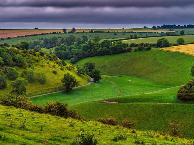 The Yorkshire Wolds are low hills in the counties of the East Riding of Yorkshire and North Yorkshire.
On the western edge, the Wolds rise to an escarpment which then drops sharply to the Vale of York. The highest point on the escarpment is Bishop Wilton Wold (also known as Garrowby Hill), which is 807 feet above sea level. To the north, on the other side of the Vale of Pickering, lie the North York Moors, and to the east, the hills flatten into the plain of Holderness.