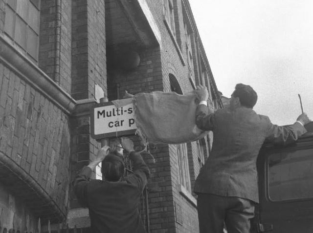 Fixing of the signs at the new car park in the 1960s