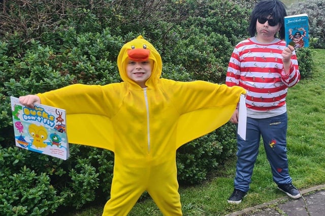 Lisa Ansell sent in this picture of Sonny as Ratburger and Vinnie as a duck from Rubber Ducks Don't Fly by Sienna Williams