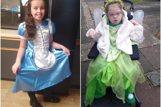 Claire Hughes sent in these pictures of nine-year-old Bella dressed as Alice in Wonderland and seven-year-old Darla Peggy dressed as Tinkerbell