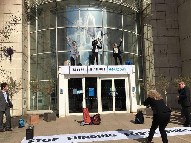 Extinction Rebellion members targeting Barclays in Northampton on Monday (March 14).