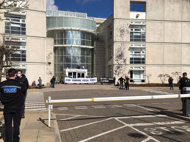 Extinction Rebellion members targeting Barclays in Northampton on Monday (March 14).