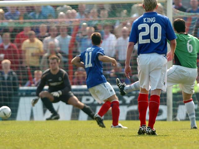 Stephen Parkhouse sets Glentoran on the way to victory on Morgan Day at The Oval in 2005, when the East Belfast men pipped big rivals, Linfield, to the title on the final day.