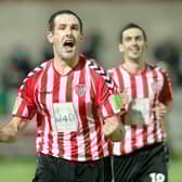 Stephen Parkhouse celebrating a Derry City goal with Mark Farren.