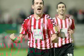 Stephen Parkhouse celebrating a Derry City goal with Mark Farren.