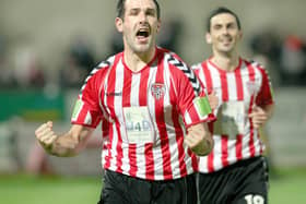 Stephen Parkhouse celebrating a Derry City goal with Mark Farren.