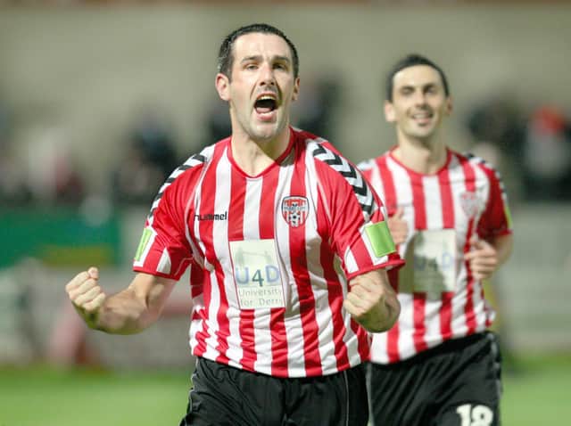 Stephen Parkhouse celebrating a Derry City goal with Mark Farren.