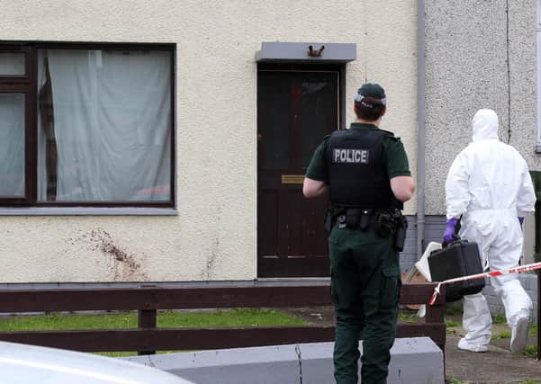PSNI and forensic officers at Orkney Drive in Ballymena's Ballykeel estate where a murder investigation has been launched following the death of a man in the early hours of Saturday morning.
PICTURE BY STEPHEN DAVISON
