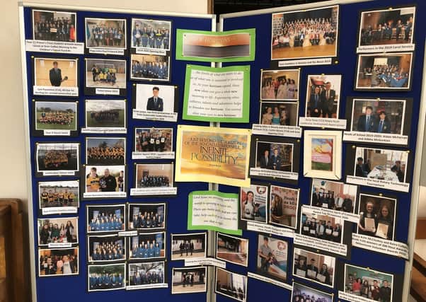 Photos highlighting some of Loreto College students’ successes during the 2019-2020 school year, displayed at the End of Year Mass