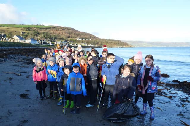 Seaview PS pupils pictured during a beach clean in December.