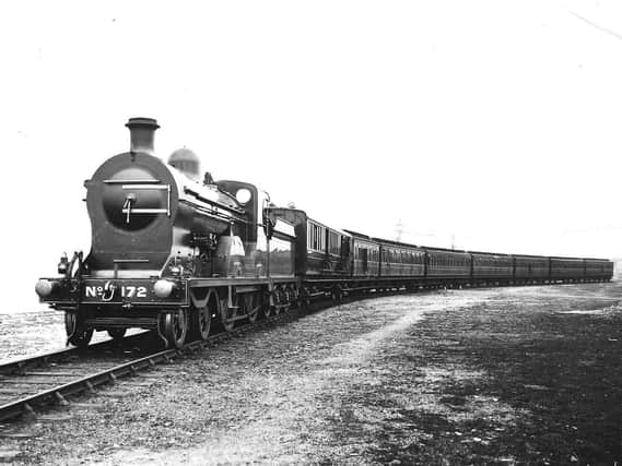 The Belfast to Kingstown Mail Train of the late 1910s and early 1920s with S class 4-4-0 No 172 "Slieve Donard" in charge. The Travelling Post Office carriage is next the locomotive. Sister loco No 171 "Slieve Gullion" is now in the care of the Railway Preservation Society of Ireland