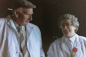 Details on this photograph has been kindly provided by Downkillybegs Dorsets. It shows legendary Dorset sheep and Hereford cattle breeders Joe and Ethel McFarlane from Scriggan, Dungiven, Co Londonderry. Mrs McFarlane would have been the chairperson of the NI Dorset Club in the year this photograph was taken, namely 1998. She was the first woman to hold the post.