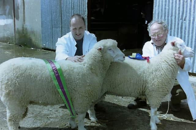George Robson Snr and George Robson Jnr with the best pair of ram lambs and reserve overall champion at the 1998 show and sale. Again, our thanks to Downkillybegs Dorsets for the details for this old photograph