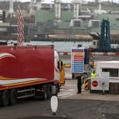 Vehicles arrive at Larne Port in Northern Ireland. Photo credit should read: Brian Lawless/PA Wire